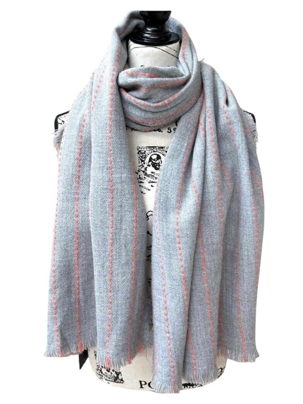 Gray Scarf with Coral Stitch Stripes | Soft Lightweight Fringe Wrap Shawl NWT